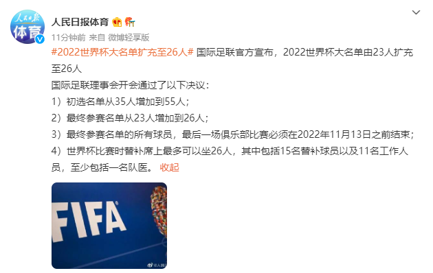 2022世界杯大名单扩充至26人，国际足联最新决议详解